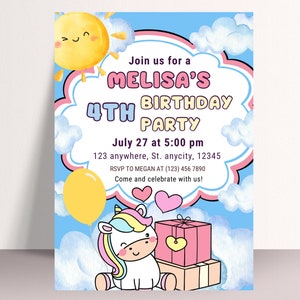 Convite de aniversário de unicórnio, convite de unicórnio editável, convite de festa de unicórnio para impressão, modelo de convite de festa de aniversário de 4 anos de unicórnio fofo