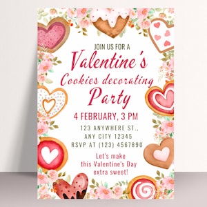 Valentinstag Cookie Dekorieren Party Einladung, Bearbeitbare Valentinstag Cookie Dekorieren Party Einladen Vorlage, Keks Dekorieren Klasse Einladen