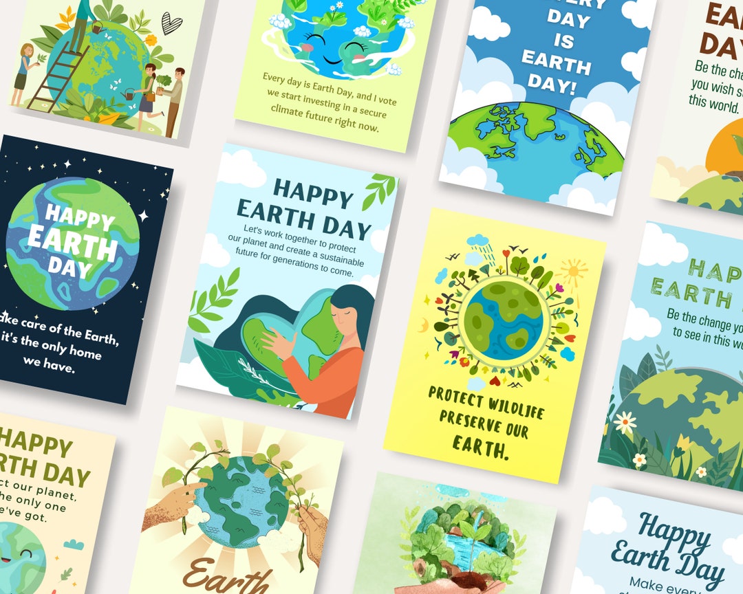 12 Happy Earth Day Printable Cards, Earth Day Cards Set, Cards for ...