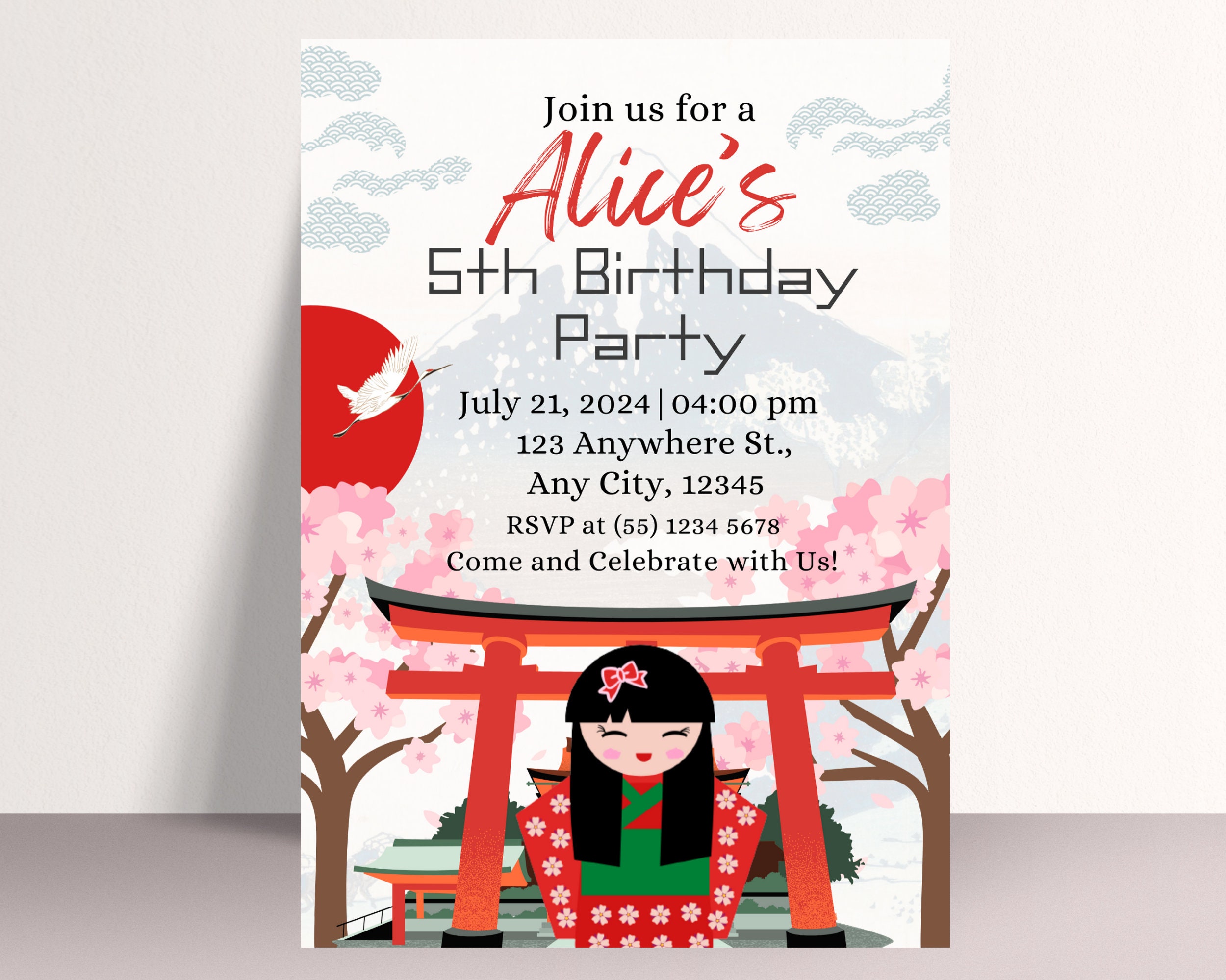 Japanese Cherry Blossom Birthday Invitation: Geisha Doll (editable