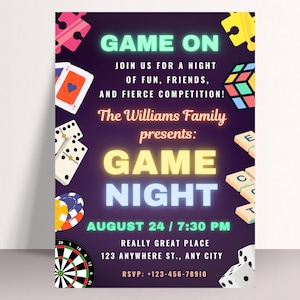 Zaproszenie na wieczór gier, Edytowalne zaproszenie na grę rodzinną, Zaproszenie na imprezę domową Game Night, Zaproszenie na wieczór gier do wydrukowania, Zaproszenie na imprezę planszową