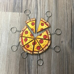 Friendship pizza keychains, laser cut pizza, wooden hand painted key chain