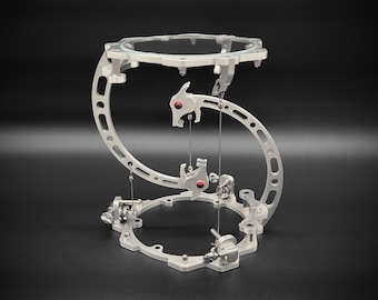 Expositor de tensegridad mecánica / Elevador de mesa suspendido con alambre en vidrio y aluminio mecanizado