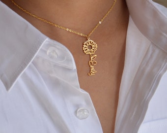 Benutzerdefinierte Sun Flower Name Halskette, Sun Flower Halskette, Name Halskette, personalisiertes Geschenk für Mama, Geburtstagsgeschenk, Made in USA