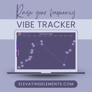 May include: A laptop screen displays a "Vibe Tracker" chart with the text "Raise your frequency." The chart shows a line graph with points labeled with emotions and frequencies. The website address "ELEVATINGELEMENTS.COM" is at the bottom.