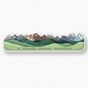 May include: A sticker featuring a stylized illustration of the Oregon Cascade Mountains. The design includes the names of the peaks, such as Mt. Hood and Mt. Jefferson, and the text "The Oregon Cascade Mountains". The color palette includes shades of green, blue, brown, and white.