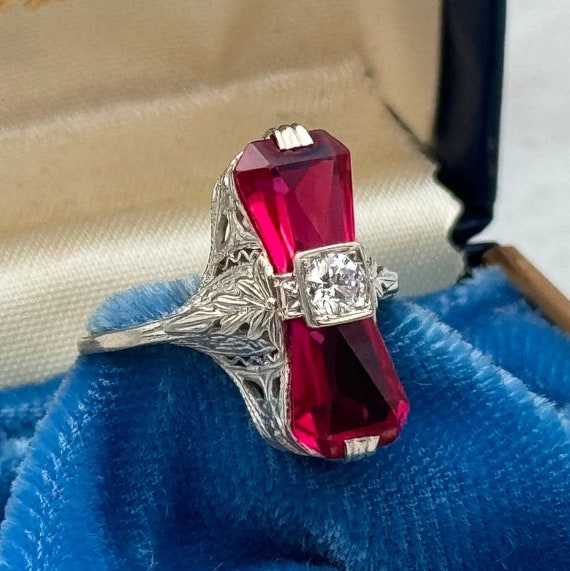 Antique 1920s Ruby & Diamond 14k White Gold Filig… - image 1