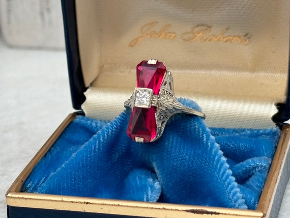 Antique 1920s Ruby & Diamond 14k White Gold Filig… - image 2