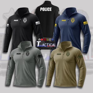 May include: Five long-sleeved police uniform shirts in black, navy blue, gray, and tan. Each shirt has a quarter-zip collar, the word "POLICE" printed on the chest, and a police badge. The black shirt has "POLICE" printed on the back.