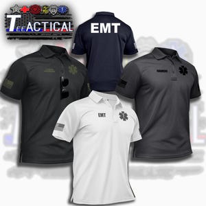 May include: A collection of short-sleeved polo shirts in various colors, including black, navy, and white. Each shirt features the text "EMT" or "Paramedic" and a medical emblem. Some shirts have an American flag patch on the sleeve.