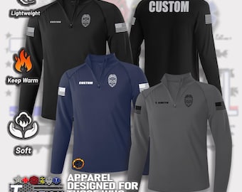 May include: Four long-sleeved tactical shirts in black, navy blue, and gray, each with a quarter-zip collar and a badge emblem. The shirts feature the text "CUSTOM" or a name, and the text "APPAREL DESIGNED FOR THOSE WHO RESPOND FIRST".