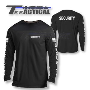 May include: Black long-sleeve shirt with the word "SECURITY" printed on the front and back. The shirt has white stripes on the sleeves with the word "SECURITY" printed vertically on the sleeves.