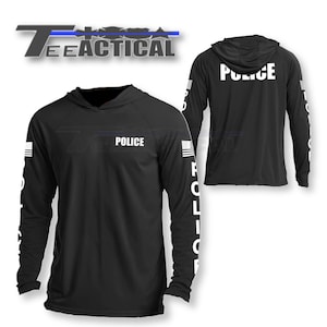 May include: Black long-sleeve hooded shirt with white "POLICE" text on the front and back. The sleeves have white "POLICE" text printed vertically.