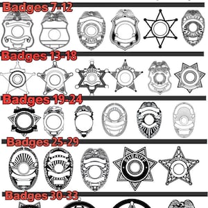 May include: A set of 33 black and white badge outlines, arranged in rows with the text "Badges 1-6", "Badges 7-12", "Badges 13-18", "Badges 19-24", "Badges 25-29", and "Badges 30-33" above each row. The badges are various shapes, including stars, circles, and shields.