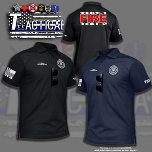 May include: Three short-sleeved polo shirts, black and navy blue, with firefighter-themed designs. The shirts feature the text "FIRE" on the back, along with the text "TEXT-1" and "TEXT-2". The shirts also have the text "CFD" and "TCF" on the sleeves.