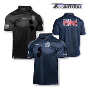 May include: Two polo shirts, one black and one navy blue, with a firefighter theme. The black shirt has a firefighter helmet and sunglasses graphic, and the navy blue shirt has a firefighter helmet and the text "TEXT - 1 FIRE TEXT - 2". Both shirts have the text "TCFD" on the sleeve.