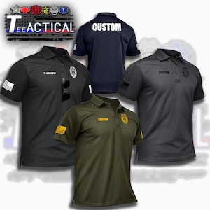 May include: Several short-sleeved polo shirts in various colors, including black, navy, and olive green. Each shirt features a collar, a custom text, and a badge or flag design. The shirts are displayed with the text "TEE TACTICAL" and various emergency service emblems.