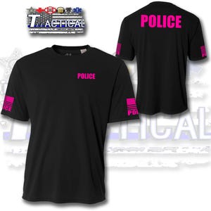 May include: Black short-sleeve T-shirt with the word "POLICE" in bright pink on the front and back. The sleeves feature a pink American flag design. The shirt is displayed from the front and back.