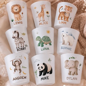 Personalized Kids Animal Frosted Cups – Custom Safari Children Cups, Reusable 500ml Plastic Cups with Name,  Jungle Animal Party Supplies