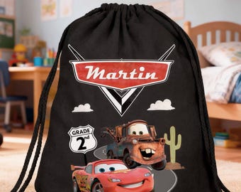 Bolsa de algodón con cordón y diseño de coches personalizados: bolsa de deporte para niños