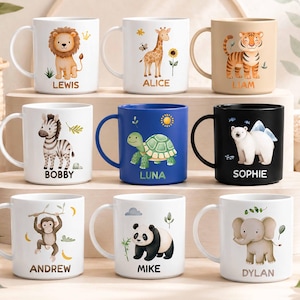 May include: Nine ceramic mugs featuring watercolor animal illustrations and names. The mugs display a lion named Lewis, giraffe Alice, tiger Liam, zebra Bobby, turtle Luna, polar bear Sophie, monkey Andrew, panda Mike, and elephant Dylan.