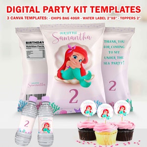 Bolsa de papas fritas de La Sirenita en acuarela, etiqueta de agua, adorno para cupcakes, plantilla de Canva