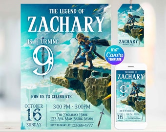 Editable The Legend of Zelda Birthday Invitation, Canva Template, Mobile Size, Label Tag "thank you"