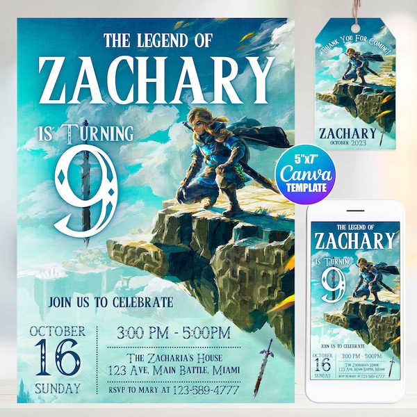 Invitation d’anniversaire modifiable The Legend of Zelda, modèle Canva, taille mobile, étiquette « merci »