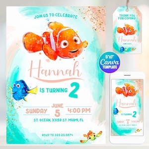 Watercolor Finding Nemo Birthday Invitation, Canva Template, Mobile Size, Label Tag &quot;thank you&quot;