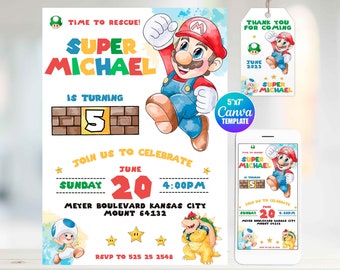 Super Mario Birthday Invitation, Canva Template, Mobile Size, Label Tag "thank you"