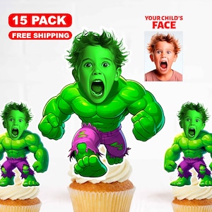Confezione da 15 topper per cupcake Hulk, carta fotografica 200gr, topper per cupcake Hulk Smash con foto, foto personalizzata Hulk