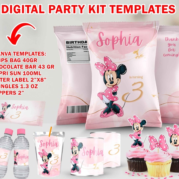 Watercolor Minnie Mouse Chips Bag, Capri Sun, Water Label, Pringles, Cupcake Topper, Chocolate Bar, Banner, Canva Template