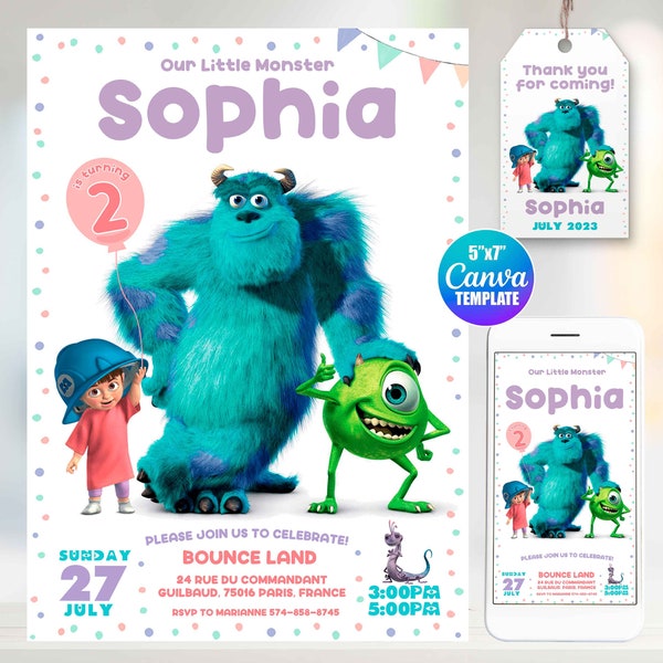 Editable Monsters Inc Boo Birthday Invitation, Canva Template, Mobile Size, Label Tag "thank you"