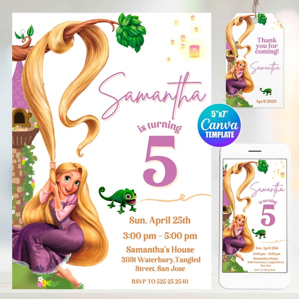 Editable Tangled Birthday Invitation, Canva Template, Mobile Size, Label Tag "thank you"