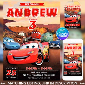 Pode incluir: Um convite de anivers&aacute;rio tem&aacute;tico do Cars, vermelho, branco e azul, para um menino que est&aacute; completando tr&ecirc;s anos. O convite apresenta um carro de corrida vermelho com o n&uacute;mero 3 na lateral e o texto "Ride on Over! Andrew is turning 3". O convite tamb&eacute;m inclui a data, a hora e o local da festa.