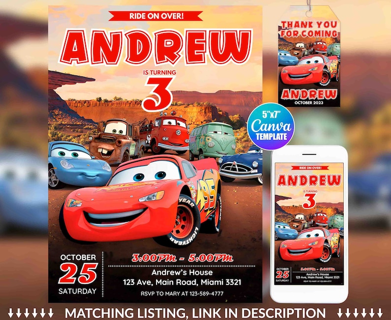 Pode incluir: Um convite de anivers&aacute;rio tem&aacute;tico do Cars, vermelho, branco e azul, para um menino que est&aacute; completando tr&ecirc;s anos. O convite apresenta um carro de corrida vermelho com o n&uacute;mero 3 na lateral e o texto "Ride on Over! Andrew is turning 3". O convite tamb&eacute;m inclui a data, a hora e o local da festa.