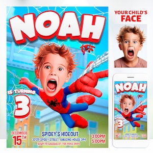 Invito di Spiderman, invito fotografico di compleanno di Spidey con faccia di cartone animato, invito fotografico personalizzato