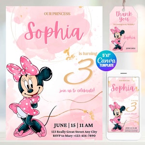 Faire-part d'anniversaire Minnie Mouse aquarelle, modèle de toile, taille mobile, étiquette « merci »