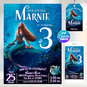 The Little Mermaid Birthday Invitation, Canva Template, Mobile Size, Label Tag "thank you"