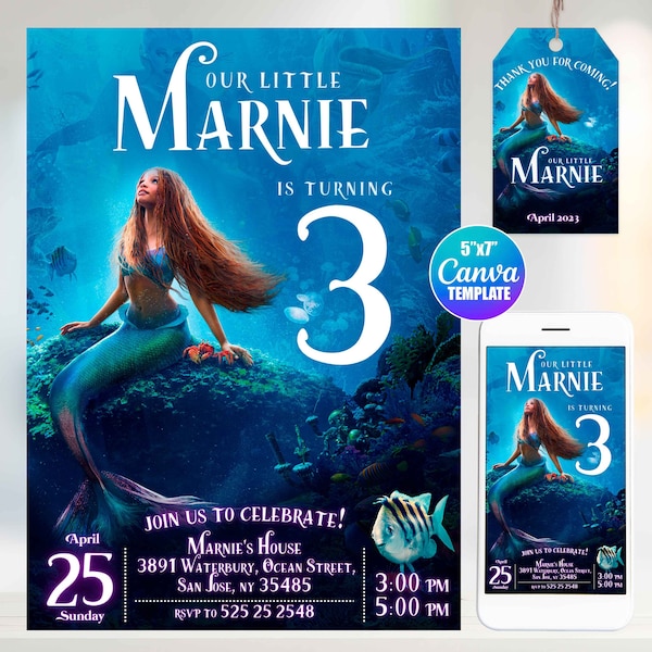 The Little Mermaid Birthday Invitation, Canva Template, Mobile Size, Label Tag "thank you"
