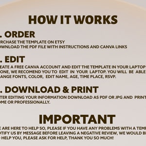 Pode incluir: Um gr&aacute;fico de texto castanho sobre um fundo bege com o t&iacute;tulo "Como funciona" e tr&ecirc;s etapas: Pedir, Editar e Transferir e Imprimir. O texto explica como comprar, editar e transferir um modelo. O gr&aacute;fico tamb&eacute;m inclui o texto "Importante" e explica que o vendedor est&aacute; dispon&iacute;vel para ajudar com quaisquer problemas.
