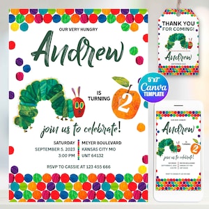 Editable The Very Hungry Caterpillar Birthday Invitation, Canva Template, Mobile Size, Label Tag &quot;thank you&quot;