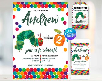 Editable The Very Hungry Caterpillar Birthday Invitation, Canva Template, Mobile Size, Label Tag "thank you"