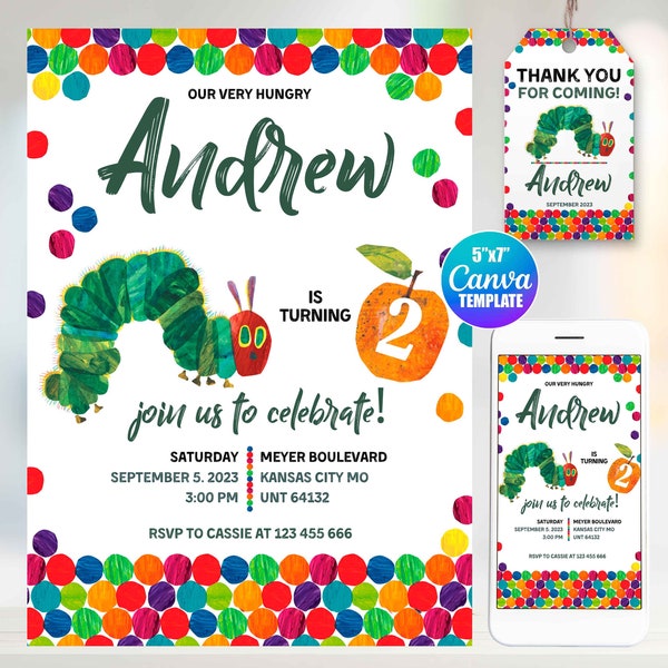 Editable The Very Hungry Caterpillar Birthday Invitation, Canva Template, Mobile Size, Label Tag "thank you"