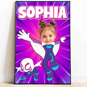 May include: A personalized photo booth prop featuring a cartoon superhero with a white and purple costume. The prop has a space for a child's face to be inserted. The name "Sophia" is printed in large white letters at the top of the prop.