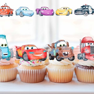 Aquarel Cars Lightning Mcqueen Vector Pack. Cupcake Toppers Auto's Gescheiden vectoren, svg en png 300 dpi