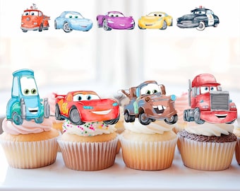 May include: Six cupcakes decorated with different Cars characters. The cupcakes are topped with red, blue, yellow, purple, brown, and orange cars. The cupcakes are on a white surface.