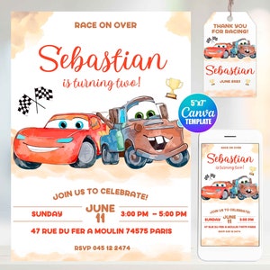 Invitación de cumpleaños editable con tema de Cars en acuarela, plantilla Canva, tamaño móvil, etiqueta con la frase "Gracias", Mater, Mcqueen