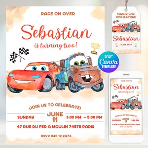 Editable Watercolor Cars Birthday Invitation, Canva Template, Mobile Size, Label Tag "thank you" Mater, Mcqueen