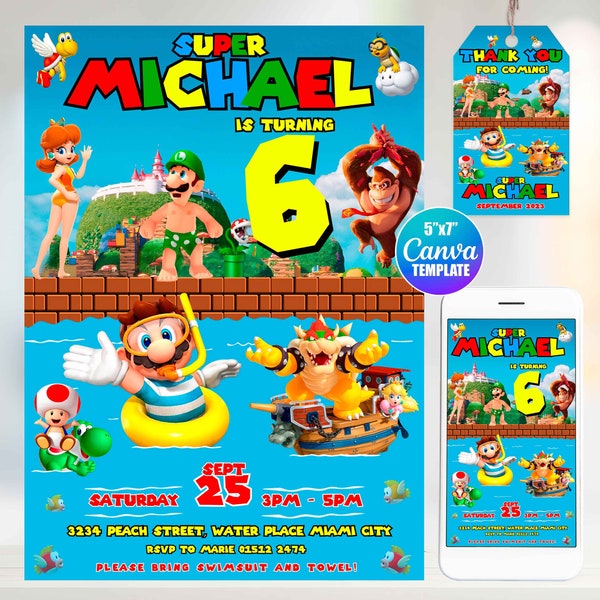 Super Mario Pool Party Birthday Invitation, Canva Template, Mobile Size, Label Tag "thank you"